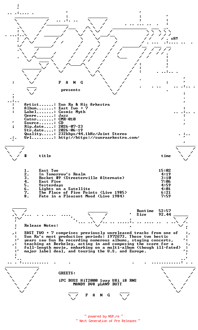 NFO for the release Sun_Ra_and_His_Arkestra-East_Two_Plus_7-(CMR-010)-CD-2026-FANG by FANG