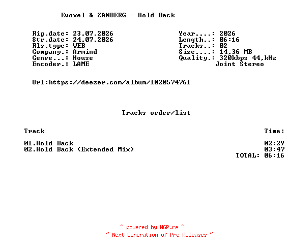 NFO for the release Evoxel_And_ZANBERG_-_Hold_Back-(ARMD1842)-WEB-2026-FMC by FMC