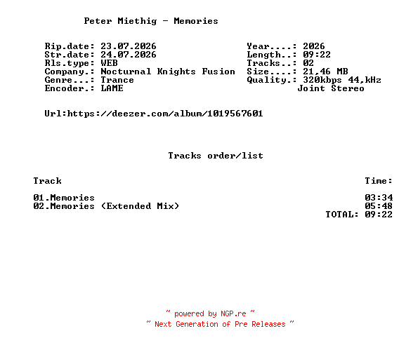 NFO for the release Peter_Miethig_-_Memories-(NKF195)-WEB-2026-FMC by FMC