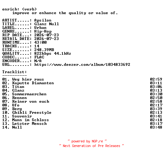 NFO for the release Apsilon-Glanz_Null-DE-16BIT-WEB-FLAC-2026-ENRiCH by ENRiCH