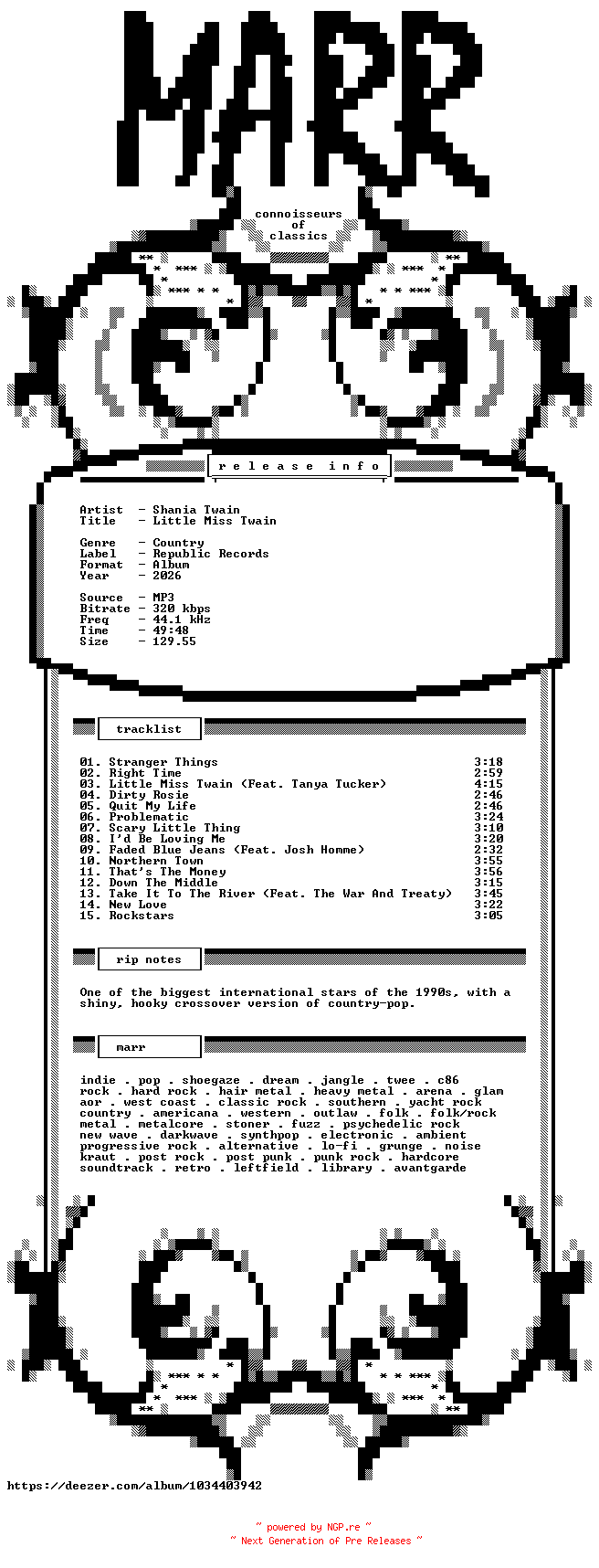NFO for the release Shania_Twain-Little_Miss_Twain-WEB-2026-MARR by MARR