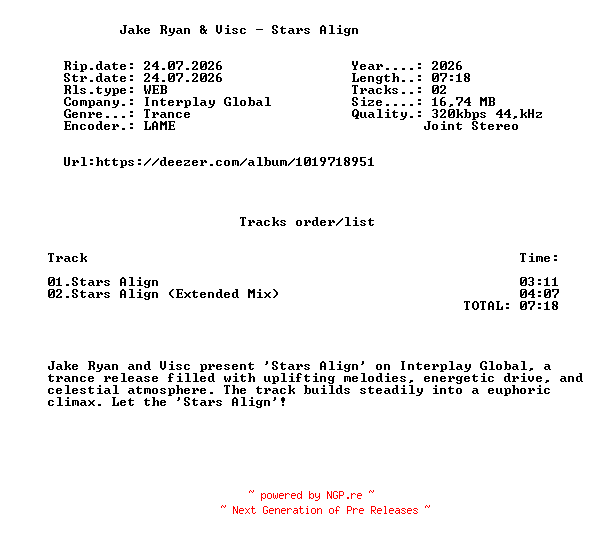 NFO for the release Jake_Ryan_And_Visc_-_Stars_Align-(ITPG301)-WEB-2026-FMC by FMC