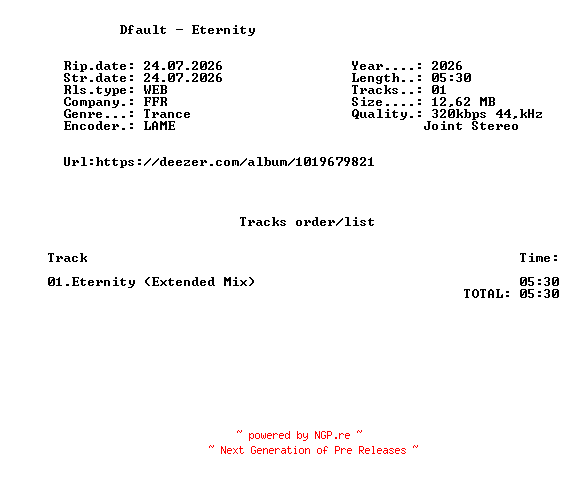 NFO for the release Dfault_-_Eternity-(FFR166)-SINGLE-WEB-2026-FMC by FMC