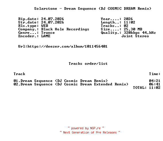 NFO for the release Solarstone_-_Dream_Sequence_(DJ_COSMIC_DREAM_Remix)-(BH1763-0)-WEB-2026-FMC by FMC