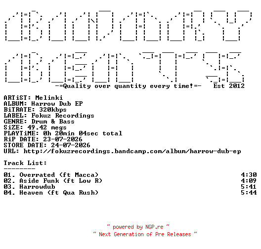 NFO for the release Melinki-Harrow_Dub_EP-(FOKUZ388V)-WEB-2026-BB by BB