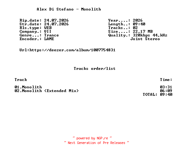 NFO for the release Alex_Di_Stefano_-_Monolith-(VII128)-WEB-2026-FMC by FMC