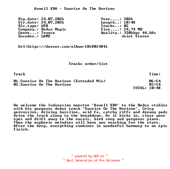 NFO for the release Axwell_XDA_-_Sunrise_On_The_Horizon-(RDXM386)-WEB-2026-FMC by FMC