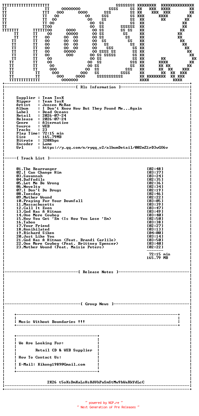 NFO for the release Jensen_McRae-I_Dont_Know_How_But_They_Found_Me_Again-WEB-2026-TosK by TosK