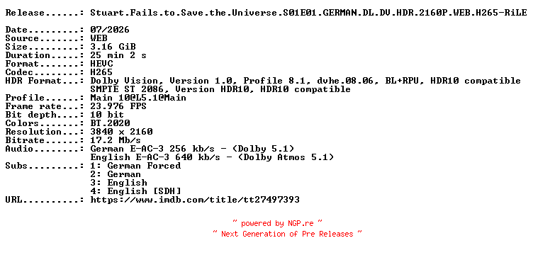 NFO for the release Stuart.Fails.to.Save.the.Universe.S01E01.GERMAN.DL.DV.HDR.2160P.WEB.H265-RiLE by RiLE