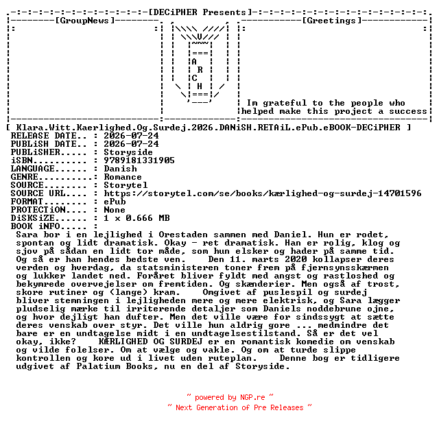 NFO for the release Klara.Witt.Kaerlighed.Og.Surdej.2026.DANiSH.RETAiL.ePub.eBOOK-DECiPHER by DECiPHER