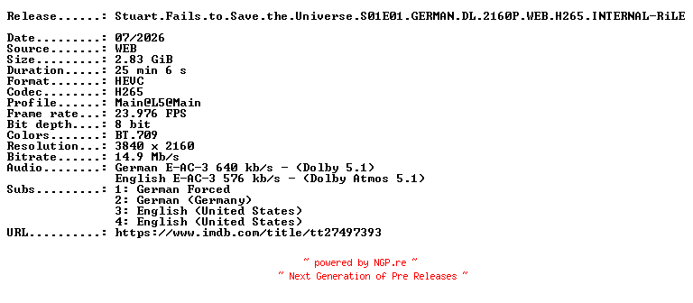 NFO for the release Stuart.Fails.to.Save.the.Universe.S01E01.GERMAN.DL.2160P.WEB.H265.INTERNAL-RiLE by RiLE