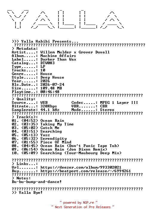 NFO for the release Willem_Mulder_x_Grover_Duvall--Machine_Affairs-(DTW083)-WEB-2026-YALLA by YALLA