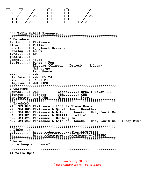 NFO for the release Plaisance--Fallin-(EGO39EP)-WEB-2026-YALLA by YALLA