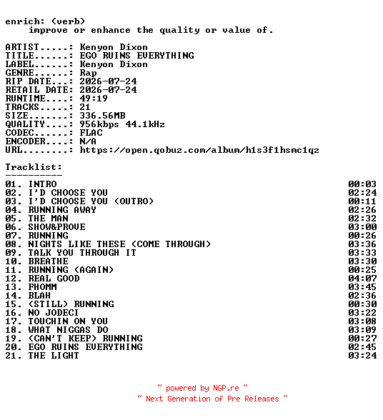 NFO for the release Kenyon_Dixon-EGO_RUINS_EVERYTHING-16BIT-WEB-FLAC-2026-ENRiCH by ENRiCH