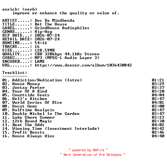 NFO for the release Doc_Da_Mindbenda-Bet_The_House-WEB-2026-ENRiCH by ENRiCH