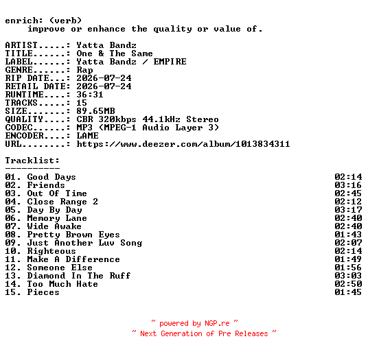 NFO for the release Yatta_Bandz-One_and_The_Same-WEB-2026-ENRiCH by ENRiCH