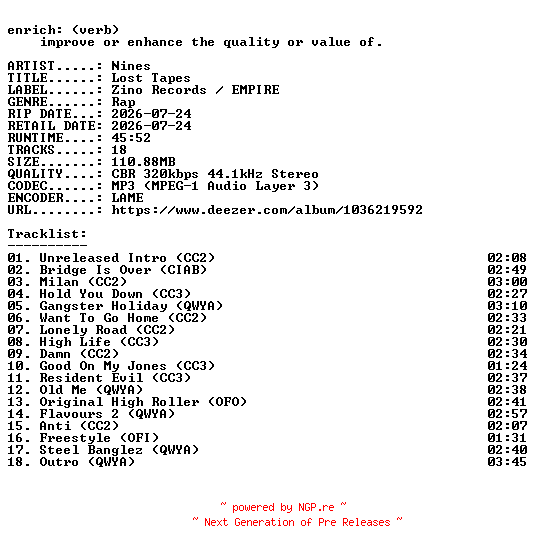 NFO for the release Nines-Lost_Tapes-WEB-2026-ENRiCH by ENRiCH
