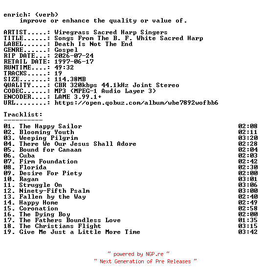 NFO for the release Wiregrass_Sacred_Harp_Singers-Songs_From_The_B._F._White_Sacred_Harp-WEB-1997-ENRiCH by ENRiCH