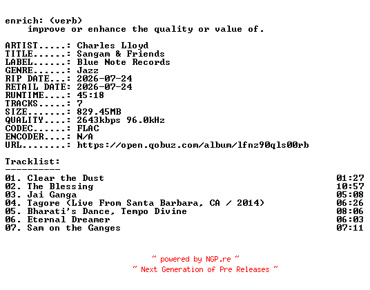 NFO for the release Charles_Lloyd-Sangam_and_Friends-24BIT-WEB-FLAC-2026-ENRiCH by ENRiCH