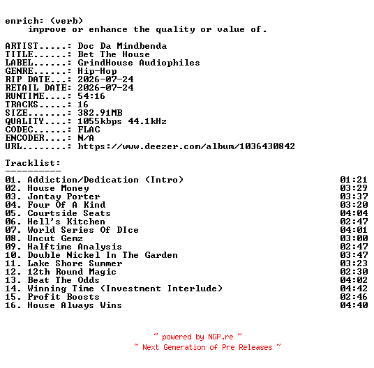 NFO for the release Doc_Da_Mindbenda-Bet_The_House-16BIT-WEB-FLAC-2026-ENRiCH by ENRiCH