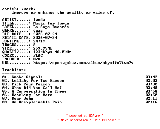 NFO for the release Iwuda-Music_for_Iwuda-24BIT-WEB-FLAC-2026-ENRiCH by ENRiCH