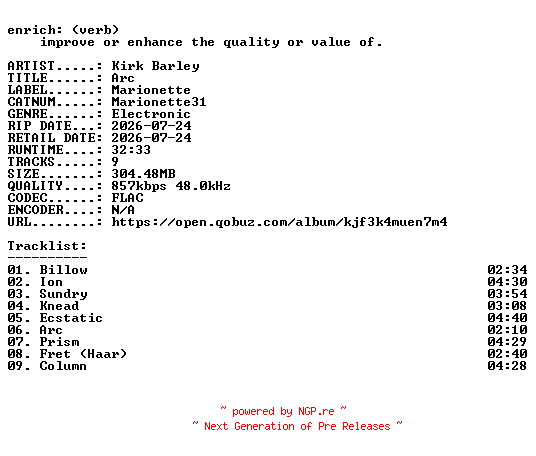 NFO for the release Kirk_Barley-Arc-(MARIONETTE31)-24BIT-WEB-FLAC-2026-ENRiCH by ENRiCH