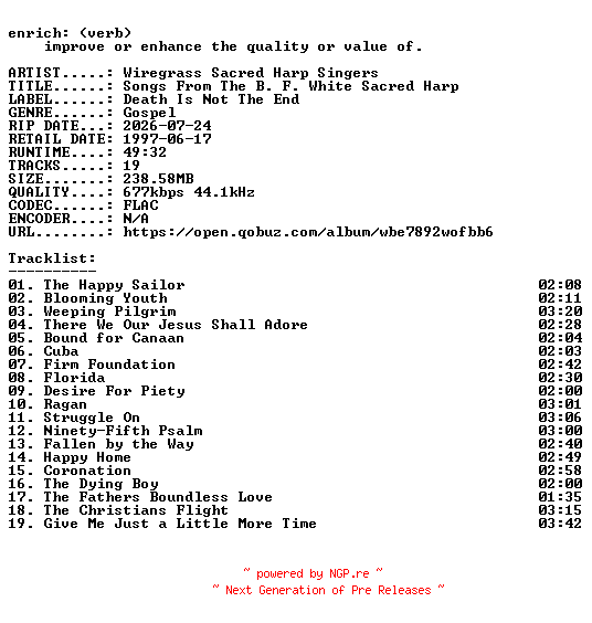 NFO for the release Wiregrass_Sacred_Harp_Singers-Songs_From_The_B._F._White_Sacred_Harp-16BIT-WEB-FLAC-1997-ENRiCH by ENRiCH