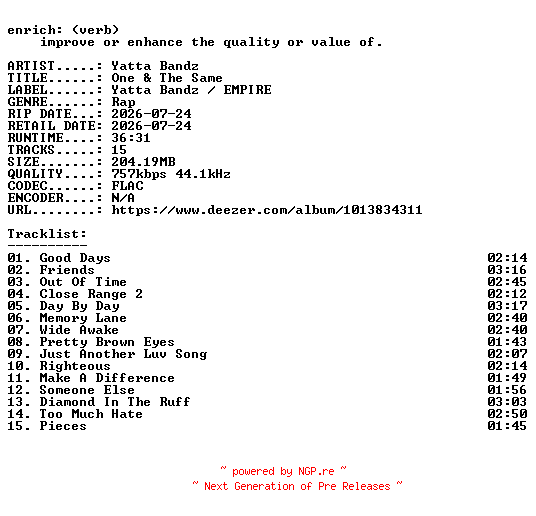 NFO for the release Yatta_Bandz-One_and_The_Same-16BIT-WEB-FLAC-2026-ENRiCH by ENRiCH