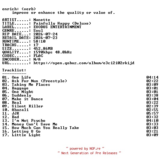NFO for the release Nanette-Painfully_Happy_(Deluxe)-24BIT-WEB-FLAC-2026-ENRiCH by ENRiCH