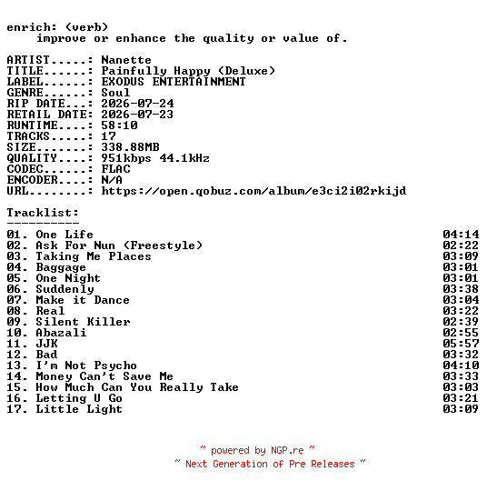 NFO for the release Nanette-Painfully_Happy_(Deluxe)-16BIT-WEB-FLAC-2026-ENRiCH by ENRiCH