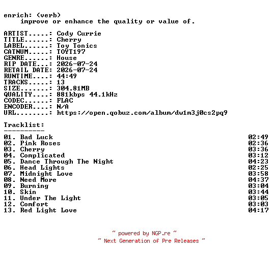 NFO for the release Cody_Currie-Cherry-(TOYT197)-16BIT-WEB-FLAC-2026-ENRiCH by ENRiCH