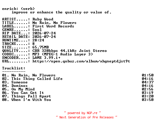 NFO for the release Ruby_Wood-No_Rain_No_Flowers-WEB-2026-ENRiCH by ENRiCH