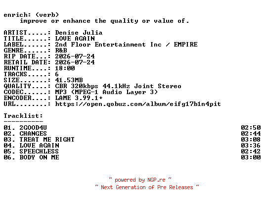 NFO for the release Denise_Julia-LOVE_AGAIN-EP-WEB-2026-ENRiCH by ENRiCH