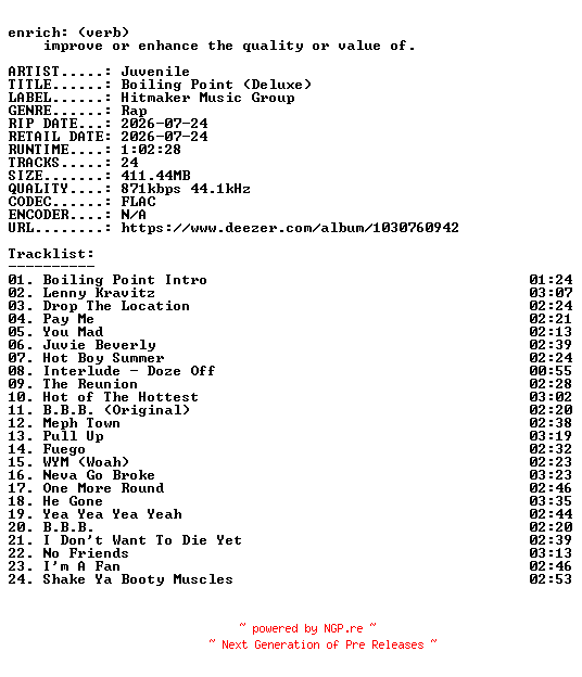 NFO for the release Juvenile-Boiling_Point_(Deluxe)-16BIT-WEB-FLAC-2026-ENRiCH by ENRiCH