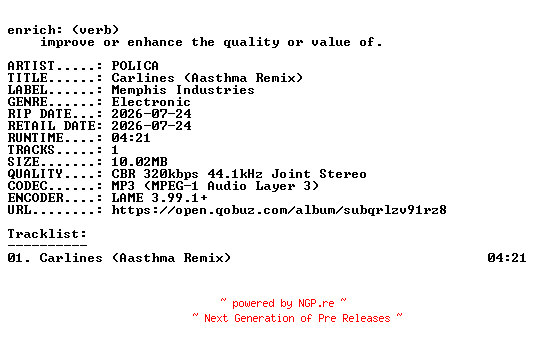 NFO for the release POLICA-Carlines_(Aasthma_Remix)-SINGLE-WEB-2026-ENRiCH by ENRiCH