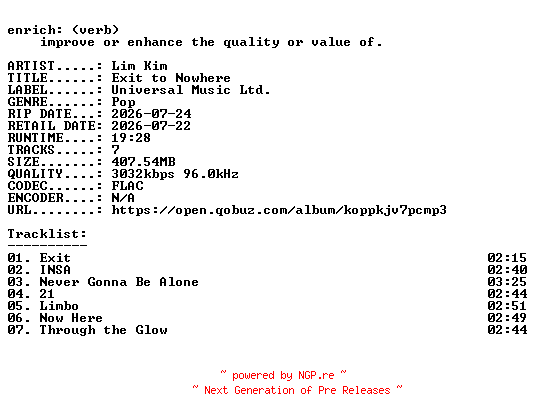 NFO for the release Lim_Kim-Exit_to_Nowhere-EP-24BIT-WEB-FLAC-2026-ENRiCH by ENRiCH