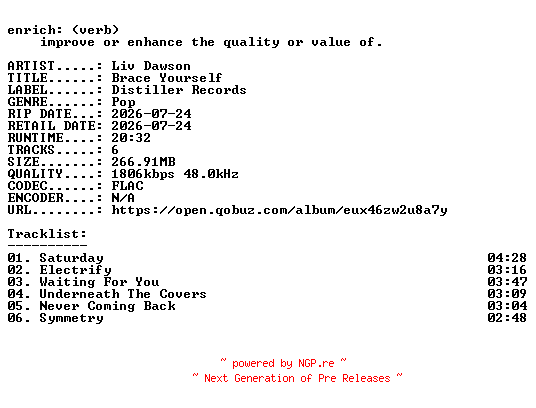 NFO for the release Liv_Dawson-Brace_Yourself-EP-24BIT-WEB-FLAC-2026-ENRiCH by ENRiCH