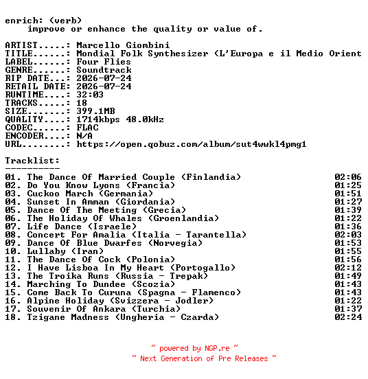 NFO for the release Marcello_Giombini-Mondial_Folk_Synthesizer_(LEuropa_e_il_Medio_Oriente)-OST-24BIT-WEB-FLAC-2026-ENRiCH by ENRiCH
