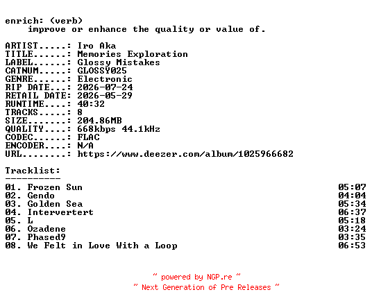 NFO for the release Iro_Aka-Memories_Exploration-(GLOSSY025)-16BIT-WEB-FLAC-2026-ENRiCH by ENRiCH