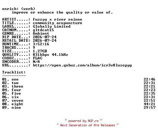 NFO for the release fuzzyy_x_river_rainne-community_acupuncture-(GLTDCAT15)-16BIT-WEB-FLAC-2026-ENRiCH by ENRiCH