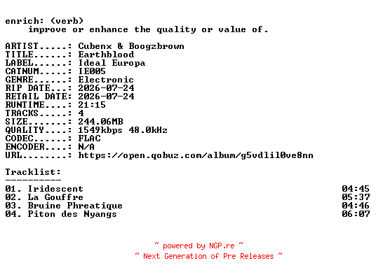 NFO for the release Cubenx_and_Boogzbrown-Earthblood-(IE005)-24BIT-WEB-FLAC-2026-ENRiCH by ENRiCH