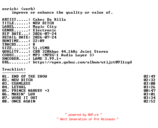 NFO for the release Cakes_Da_Killa-NEW_BITCH-EP-WEB-2026-ENRiCH by ENRiCH