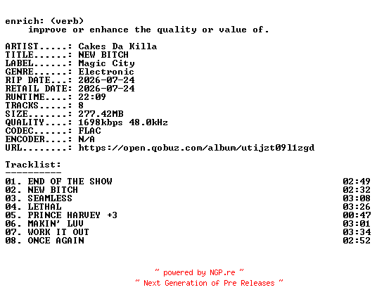 NFO for the release Cakes_Da_Killa-NEW_BITCH-EP-24BIT-WEB-FLAC-2026-ENRiCH by ENRiCH