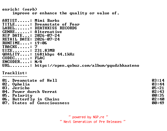 NFO for the release Mimi_Barks-Dreamstate_of_Fear-EP-24BIT-WEB-FLAC-2026-ENRiCH by ENRiCH