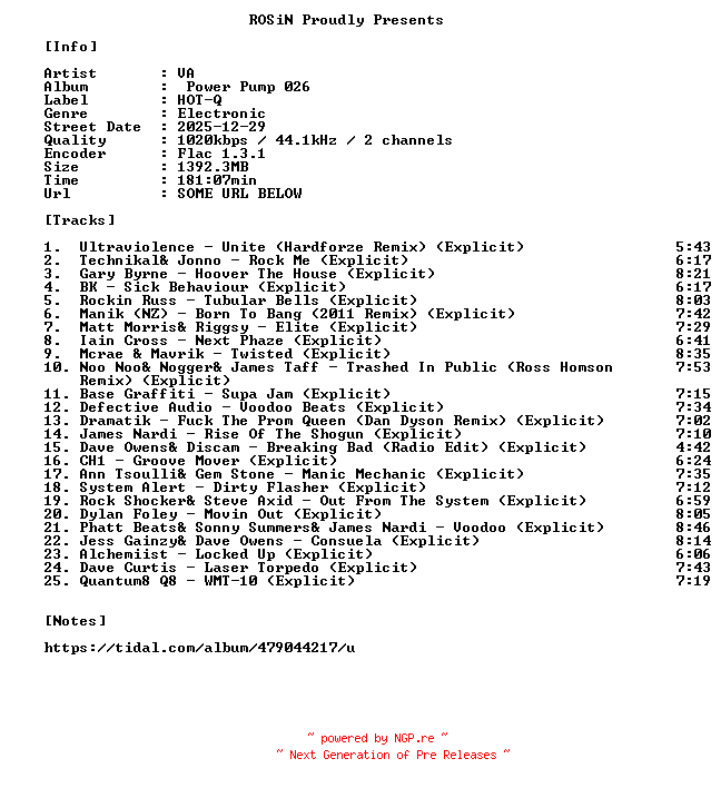 NFO for the release VA-Power_Pump_026-16BIT-WEB-FLAC-2025-ROSiN by ROSiN