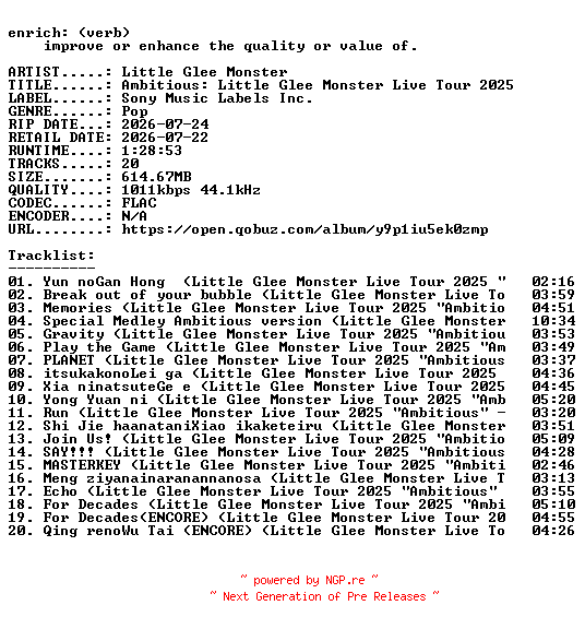 NFO for the release Little_Glee_Monster-Ambitious_Little_Glee_Monster_Live_Tour_2025-JP-16BIT-WEB-FLAC-2026-ENRiCH by ENRiCH