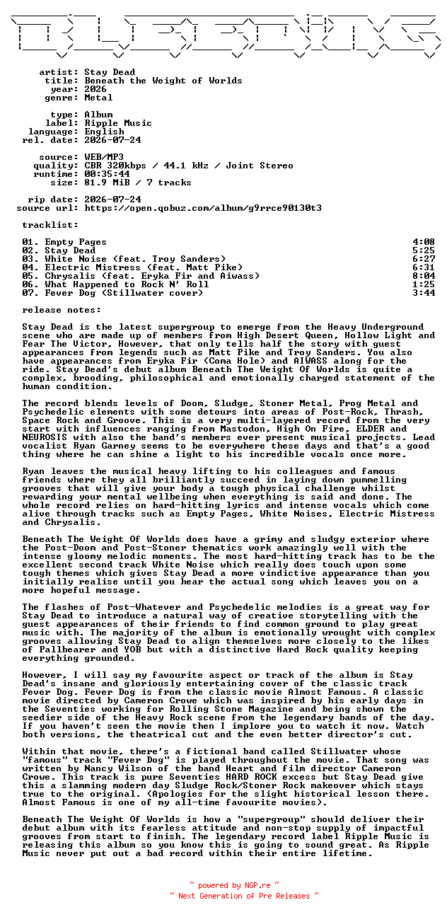 NFO for the release Stay_Dead-Beneath_the_Weight_of_Worlds-WEB-2026-BLEEDiNG by BLEEDiNG