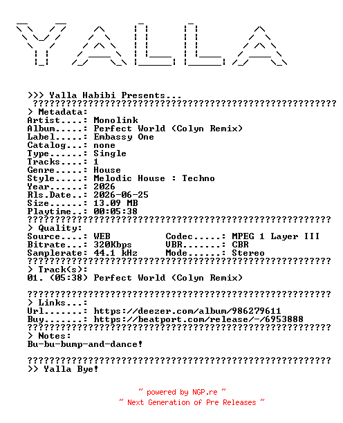 NFO for the release Monolink--Perfect_World_(Colyn_Remix)-SINGLE-WEB-2026-YALLA by YALLA