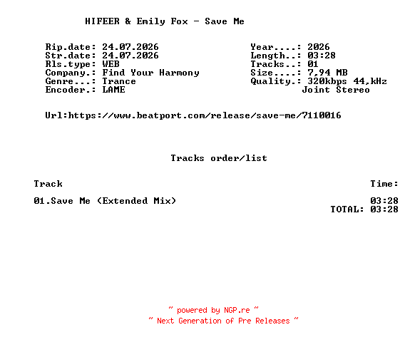 NFO for the release HIFEER_And_Emily_Fox_-_Save_Me-(FYH259)-SINGLE-WEB-2026-FMC by FMC