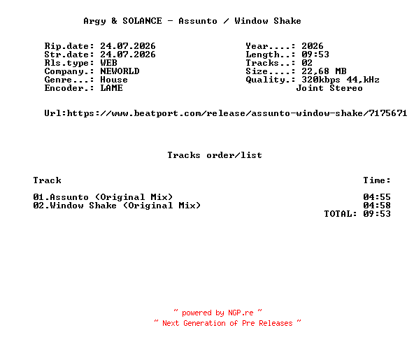 NFO for the release Argy_And_SOLANCE_-_Assunto__Window_Shake_(Original_Mixes)-WEB-2026-FMC by FMC